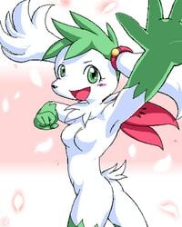 anthro ass breasts color female female_only fur furry g-sun green_eyes green_hair looking_at_viewer nude pokemon pokemon_(species) shaymin shaymin_(sky_form) side_view solo tagme white_fur