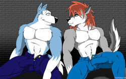 2008 anthro bulge canine character_request clothing crotch_bulge dog exile eye_contact front_view fur looking_aside looking_at_another male male_only mammal multiple_males road_rovers sitting tagme tail topless
