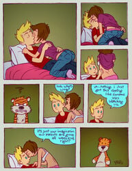 aged_up blonde_hair blue_eyes bob-rz bra brown_eyes brown_hair calvin calvin_and_hobbes closed_eyes comic english girl_on_top hobbes kissing puberty short_hair small_breasts squiggle stuffed_animal susie_derkins teenage tiger undressing