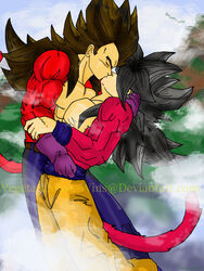 black_hair closed_eyes deviantart dragon_ball dragon_ball_gt gay kiinady_gt kiss kissing leaning_back long_hair male male_only multiple_males purple_gloves red_fur son_goku spiky_hair straight_hair super_saiyan_4 tail vegeta yaoi