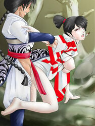 1boy 1girls all_fours artist_request bankotsu barefoot black_hair braid breast_bondage breasts breasts_out clothed clothes doggy_style earrings feet female inuyasha juices kagura_(inuyasha) kimono legs male medium_hair nipples no_underwear open_clothes open_mouth outside pigtail ponytail red_eyes rope scrunchie sex side_view smile standing straight tied_hair tree uncensored