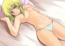 1girls bed blonde_hair female flat_chest lowleg lowleg_panties nude panties rasukaru_(a_tale_of_a_cat) ribbon solo suwako_moriya touhou underwear white_panties yellow_eyes