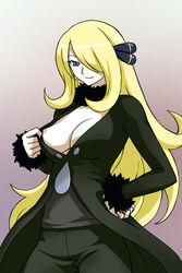 blue_eyes breasts cynthia_(pokemon) female female_only hair_over_one_eyes human human_only long_hair nintendo nipple_slip nipples pokemon pokemon_dppt smile solo source_request