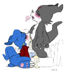 black_veemon color digimon fellatio interspecies male male_only multiple_males oral veemon yaoi