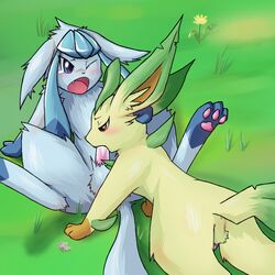 blush color day eeveelution fellatio feni feral fur generation_4_pokemon glaceon insertion interspecies leafeon male male_only multiple_males nintendo nude oral outdoors penis pokemon pokemon_(species) wink yaoi