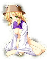 1girls barefoot blonde_hair blush bottomless breasts feet female green_eyes hat lowres mouth_hold natsuki_shuri nipples no_bra shirt_lift short_hair sitting solo suwako_moriya teenage touhou