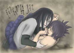 1boy 1girls age_difference arm_grab arms_up black_hair closed_eyes clothed_male_nude_female female forced holding_down male mitarashi_anko naruto orochimaru purple_hair straight_hair tagme teacher_and_student