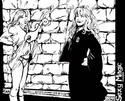 artist_request ginny_weasley harry_potter hermione_granger male_focus monochrome panties pat skirt_lift tagme