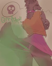 2026 absurd_res anthro bottomwear brown_body brown_fur butt canid canine canis claws clothed clothed_anthro clothed_female clothing collar crossed_arms digital_drawing_(artwork) digital_media_(artwork) eyes_closed fart fart_cloud fart_fetish female fur hi_res mammal onomatopoeia raised_bottomwear raised_clothing raised_skirt rear_view shirt simple_background skirt skull_symbol solo sound_effects standing tail taintedcan text tongue tongue_out topwear torn_sleeves underwear wolf