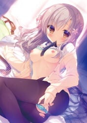 1girls arm_support ass bangs blue_skirt blush breasts brown_eyes cardigan come_hither dutch_angle eyebrows_visible_through_hair female flower grey_hair hair_flower hair_ornament highres indoors long_hair looking_at_viewer lying medium_breasts mouth_hold nipples on_bed on_side original panties panties_under_pantyhose pantyhose pantyshot plaid plaid_skirt pleated_skirt polka_dot shade shirt_lift skirt skirt_removed sleeves_past_wrists solo thighband_pantyhose thighs torn_clothes torn_pantyhose unbuttoned underwear yukie