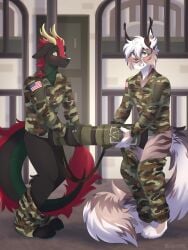 3:4 4_toes 5_fingers absurd_res american_flag anthro arielbee asian_mythology barracks bed blush bunk_bed camo camo_clothing camo_print caught caught_in_the_act claws clothed clothing countershading dangerous dangerous_sex day detailed_background digital_media_(artwork) dragon duo east_asian_mythology eastern_dragon embarrassed european_mythology feet femboy fingers fur furniture furred_dragon furred_scalie gun hair hi_res high-explosive_shell holding_gun holding_object holding_ranged_weapon holding_weapon horn inside kat_(nos) looking_at_viewer male male/male mammal military military_uniform mythological_creature mythological_scalie mythology pattern_clothing pawpads penetration penile ranged_weapon scalie smile tail teeth toes uniform united_states_of_america weapon western_dragon white_hair xiang_(zhinu) yellow_horn
