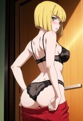 1girls ass black_bra black_panties bob_cut breasts female female_only green_eyes hime_cut indoors looking_at_viewer looking_back mirepoc_finedel on_back pale-skinned_female pale_skin red_pants tatakau_shisho the_book_of_bantorra undressing