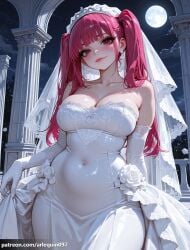 1girl ai_generated arlequin097 bare_shoulders bleach bleach:_the_thousand-year_blood_war blunt_bangs blush breasts bridal_veil bride cleavage closed_mouth collarbone column covered_navel dokugamine_riruka dress earrings elbow_gloves flower full_moon gloves jewelry large_breasts lips long_hair looking_at_viewer moon night night_sky outdoors pillar pink_hair red_eyes red_hair riruka_dokugamine rose skirt_hold sky smile solo strapless strapless_dress twintails veil wedding_dress white_dress white_flower white_gloves white_rose