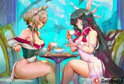 ai_generated ass breasts clothing columbina_(genshin_impact) comic_page genshin_impact mostly_clothed sandrone_(genshin_impact) seluneth table tea_cup