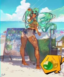1girls artist_signature beach brazilian brazilian_female brazilian_miku earrings female female_focus female_only hair_ornament hatsune_miku looking_at_viewer looking_back portuguese_text shorts tan_skin tanline tanned tanned_female tanned_skin text turquoise_eyes turquoise_hair vocaloid