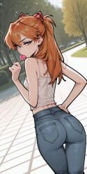 1girls ai_generated arched_back ass asuka_langley_sohryu blue_eyes camisole denim female hair_ornament half-closed_eyes hand_on_hip holding jeans lollipop lollipop_in_mouth long_hair looking_at_viewer looking_back midriff molamaxuy neon_genesis_evangelion oral orange_hair outdoors park perfect_body rear_view sexy skinny sleeveless small_breasts solo standing tank_top thigh_gap tight_clothing
