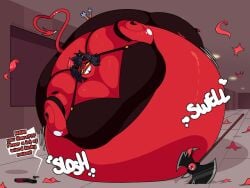assassin axe belly belly_expansion belly_inflation blitzo_(helluva_boss) demon demon_girl demon_horns demon_tail expanded_belly expansion expansion_fetish eyelashes fat fat_ass fat_female grin horn horns horny horny_female inflatable inflated_belly inflation inflation_fetish injection millie_(helluva_boss) needle needles office phone red_body red_skin ripped_clothing sound sound_effect sound_effects spectrotums tail thicc white_spots yellow_eyes