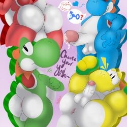 1:1 absurd_res anus balls big_butt big_penis bodily_fluids bubble_butt butt clothing crossed_arms cyan_yoshi dinosaur english_text erection evil_face excited footwear gender_symbol genital_fluids genitals glans green_body green_yoshi group heart_symbol hi_res highlights_(coloring) humanoid_genitalia humanoid_penis leaking leaking_precum looking_at_viewer looking_back male mario_bros nintendo penis precum prehistoric_species presenting presenting_hindquarters psi_blast_(artist) rear_view red_yoshi reptile scalie shaded shoes smug smug_face super_mario_world symbol tail text yellow_yoshi yoshi yoshi_(character)