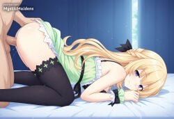 1boy 1girl ai_generated all_fours anime anime_style artist_name ass bare_shoulders bed blonde_hair blue_eyes blush braid breasts clothed_female_nude_male clothed_sex cpu_(neptunia) curtains doggystyle dress french_braid from_side green_dress green_heart_(neptunia) hentai hetero hi_res hyperdimension_neptunia indoors long_hair looking_at_viewer mystic_maidens neptunia_(series) nude on_bed patreon patreon_username penis pixiv_username pussy_juice sex sex_from_behind smile solo_focus thighhighs top-down_bottom-up uncensored vaginal vert vert_(neptunia) wrist_cuffs