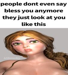 1female 3d_(artwork) artidemonboy big_eyes bimbo bimbo_body blonde_hair blush breast_veins duranomates five_nights_at_freddy's five_nights_at_freddy's:_security_breach freckles_on_breasts freckles_on_face green_eyes large_breasts makeup meme mole_on_breast mole_on_face pink_lipstick scottgames small_nose staring sweaty_body text vanessa_(fnaf) white_woman_jumpscare