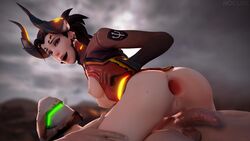 1girls 3d alternate_costume anus areolae ass blender bottomless breasts devil_mercy erection female gaping gaping_anus gency genji looking_at_viewer looking_back male mercy nipples nocure21o overwatch penis pussy