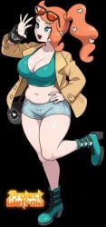 1girls big_breasts chubby chubby_female coat edit edited_official_artwork eyewear female_only glasses glasses_on_head green_eyes hair_ornament hand_on_hip official_art orange_hair pokemon pokemon_ss projectwetroid shorts sonia_(pokemon) topwear