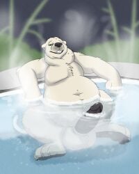 1boy 2d alex.fetter balls bear big_balls big_penis black_penis claws digital_media erection fat fat_male fur genitals green_eyes hi_res hot_tub male male_only mammal pawpads penis polar_bear solo steam teeth ursine water white_body white_fur