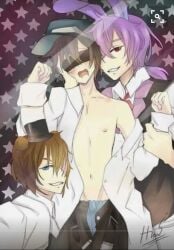bishonen blindfold blindfolded bonnie_(fnaf) five_nights_at_freddy's freddy_(fnaf) freddy_fazbear human humanoid jeremy_fitzgerald not_ai_generated security_guard undressing unknown_artist yaoi