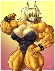 1girls abs abs_visible_through_clothing anthro anthro_female bicep biceps blonde_hair blue_eyes bowser bowsette bracelet breasts bunnysuit collar female flexing flexing_bicep forsakun horns mario muscle_fetish muscles muscular muscular_arms muscular_female muscular_thighs rule_63 six_pack six_pack_visible_through_clothing spiked_bracelet spiked_collar spikes thighs yellow_body