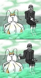 1boy 1girls 2d beer bikini bikini_top golden_bikini hips huge_breasts hyper_breasts long_hair long_neck minigonchar nintendo pheromosa pokemon pokemon_(species) skinny skinny_female swimming swimming_pool tall_female tits_bigger_than_head tits_focus tits_out tusks whiteskin