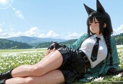 1girl ai_generated animal_ears bangs belt black_footwear black_gloves black_hair black_necktie black_skirt blue_sky blush boots braid breasts cloud collared_shirt day extra_ears field fingerless_gloves flower flower_field gloves green_jacket hoshimi_miyabi jacket kermixx long_hair long_sleeves looking_away lying miniskirt necktie on_side open_clothes open_jacket outdoors parted_lips pleated_skirt red_eyes see-through shirt skirt sky solo sweat thighs wet wet_clothes wet_shirt white_shirt zenless_zone_zero