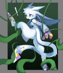 2025 anthro anus areola big_ears black_nose blue_anus blue_areola blue_nipples blue_vulva blushlines bodily_fluids bound breasts claws exclamation_point female female_anthro fur genitals glowing glowing_nipples grabbing hi_res hooves long_tail looking_back medium_breasts microsoft multicolored_body nipples nude nude_anthro nude_female on_one_leg open_mouth ori_(series) plant raised_leg rear_view restrained restrained_by_tentacles side_boob simple_background solo spread_legs spreading standing suspension sweat sweatdrop tail tentacles unguligrade vines vulva white_body white_eyes white_fur white_tail xbox_game_studios yuanmin
