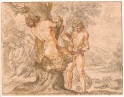 1617 17th_century ancient_art animal_humanoid apollo_(deity) apollo_(mythology) arm_support balls beard biped blood bodily_fluids bound breasts butt chalk_(artwork) cloud cloven_hooves dated deity detailed_background duo_focus european_mythology facial_hair feet female female_humanoid flaccid francis_cleyn fur genitals gore graphite_(artwork) greek_mythology group hair harp hi_res holding_knife holding_object hooves human humanoid humanoid_feet humanoid_genitalia humanoid_hands humanoid_penis knife leaning_on_another leaning_on_elbow male male_human male_humanoid mammal marsyas mixed_media mostly_nude mostly_nude_human mostly_nude_male musical_instrument mythology nipples nude nude_female nude_humanoid nude_male outside pan_flute pen_(artwork) penis plant plantigrade plucked_string_instrument satyr signature sitting skinning split_form standing string_instrument tail torture traditional_media_(artwork) tree unguligrade wind_instrument woodwind_instrument