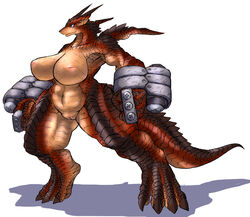 4_fingers 4_toes anthro armor biceps big_breasts blue_eyes breasts brown_scales claws clothing dragon female full-length_portrait gauntlets gloves hi_res inverted_nipples ketsuneko multicolored_scales muscular muscular_female nipples nude pink_nipples portrait pose pussy red_scales scales scalie shadow simple_background tan_scales thick_thighs toes white_background wide_hips