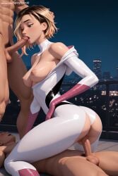 1girl 2boys ai_generated ass blonde_hair blue_eyes breasts breasts_outside clothed_female_nude_male cowgirl_position double_penetration erection fellatio girl_on_top group_sex gwen_stacy hetero hi_res high_quality high_resolution marvel medium_breasts mmf_threesome multiple_boys multiple_penises nipples nude off_shoulder oral patreon penis seductive sex sexy short_hair solo_focus spicytoonai spitroast straddling testicles threesome uncensored vaginal veiny_penis watermark web_address