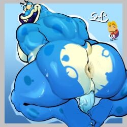 1:1 amphibian anthro anus big_butt big_tongue blue_penis bodily_fluids butt camera embarrassed genitals globox hi_res male penis rayman rayman_(series) slit_penis smbrick solo spread_anus spreading sweat tongue ubisoft