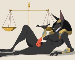 5:4 anthro anubian_jackal anubis canid canine canis deity egyptian_mythology erection furry grin jackal knot male mammal middle_eastern_mythology mythology nude piromane smile solo