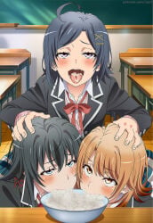 3girls ahegao ai_generated blush bowl classroom cum_eating cum_in_bowl cum_in_mouth eating_cum flustered gokkun hand_on_another's_head head_grab hikigaya_komachi indoors isshiki_iroha lewd my_teen_romantic_comedy_snafu naughty_face pushing pushing_down school_uniform torogao watermark yahari_ore_no_seishun_lovecome_wa_machigatteiru. yukinoshita_yukino zzz7