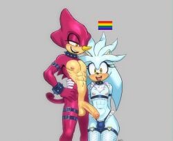 aliv141 anthro balls blush bodily_fluids bracelet bulge chest_tuft clothing collar duo espio_the_chameleon eulipotyphlan femboy fishnet_clothing fishnet_legwear foreskin fur gecko genitals hedgehog hi_res horn jewelry legwear lgbt_pride lgbt_pride_month lizard maid_uniform male male/male mammal nipples penis pride_colors purple_body rainbow_flag rainbow_pride_flag rainbow_symbol reptile scalie sega silver_the_hedgehog sonic_the_hedgehog_(series) spiked_bracelet spiked_collar spikes sweat tuft uniform vein veiny_penis white_body white_fur yellow_eyes