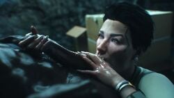 1boy 1girls 3d balls balls_fondling black_hair blue_eyes clothed_female clothed_female_nude_male cyberpunk_2077 dark-skinned_male fingernails fondling_balls freckles freckles_on_face hand_on_penis handjob leeterr light-skinned_female male nude_male oral oral_sex penis rosalind_myers saliva short_hair sloppy sucking_balls
