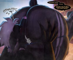 anal bear big_butt black_body brown_eyes butt butt_focus dominant english_text grey_body hair huge_butt hyper hyper_butt inside mammal mephitid oral profanity r3drunner rimming sauna sex shaded size_difference skunk teasing text ursine white_hair