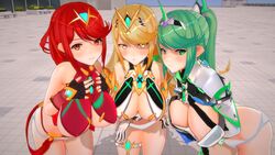 3d 3girls angry armor bangs blonde_hair boots breasts building concrete core_crystal custom_maid_3d_2 elbow_gloves gem gloves green_eyes green_hair highres jewelry large_breasts long_hair looking_at_viewer multiple_girls mythra_(xenoblade) nervous nintendo nipples nude panties plant pneuma_(xenoblade) ponytail pose pyra_(xenoblade) red_eyes red_hair shoulder_armor shy spoilers standing staring swept_bangs thigh_strap thighhighs tyrving underwear very_long_hair window xenoblade_(series) xenoblade_chronicles_2 yellow_eyes