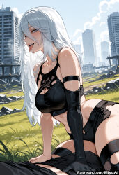 1boy 1girl ai_assisted ai_generated alternate_breast_size android armlet bare_shoulders black_gloves black_legwear black_shorts blue_eyes blush breasts building city cleavage crop_top curvaceous curvy curvy_female curvy_figure day elbow_gloves female gloves hair_between_eyes hetero joints long_hair looking_at_viewer medium_breasts miyuai mole mole_under_mouth nier nier:_automata open_mouth robot_joints ruins shirt short_shorts shorts silver_hair sky sports_bra sweat tank_top teeth thick thick_ass thick_butt thick_hips thick_legs thick_thighs thighhighs voluptuous voluptuous_female wide_hips wide_thighs yorha_a2
