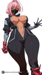 1girl ai_generated areola_slip artist_name bangs blue_eyes bodysuit breasts cyberpunk:_edgerunners cyberpunk_2077 dark-skinned_female dark_skin earrings jewelry large_breasts long_hair looking_at_viewer mask mechanical_arms mouth_mask navel patreon pink_hair questionable senpai_pixels simple_background solo talia_yang thighs white_background