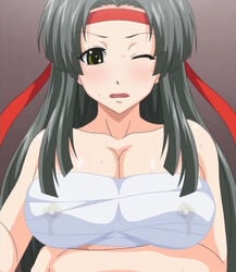 bandage bandages_around_chest bare_shoulders blush breasts chest_wraps cleavage drinking erect_nipples female green_eyes grey_hair headband highres lactation lactation_through_clothes large_breasts long_hair midriff one_eye_closed paizuri_cheerleader_vs_sakunyuu_ouendan red_headband screencap screenshot solo stitched sweat t-rex_(animation_studio) takayanagi_yuuko third-party_edit