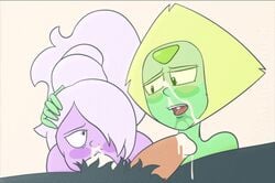 1boy 2d 2d_animation 2girls ahe_gao amethyst_(steven_universe) animated animated_gif blonde_hair cartoon_network cum cum_from_nose cum_in_mouth cum_inside deepthroat diphallia diphallism fellatio gem_(species) gif green_skin hand_on_head head_held_down held_down melieconiek multi_penis peace_sign penis peridot_(steven_universe) steven_universe v_sign