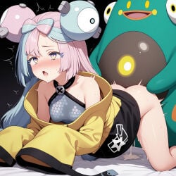 1boy 1girls ai_generated all_fours bellibolt blue_hair blush bottomless clothed_sex cum cum_drip cum_inside cum_pool doggy_style iono_(pokemon) multicolored_eyes open_mouth parkinson_(ai_artist) partially_clothed pink_hair pokemon pokemon_sv pokephilia pussy_juice sex sex_from_behind sweat two-tone_hair