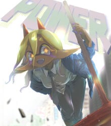 1girls alternate_costume breasts cleavage cosplay female frye_(splatoon) hammer hideyoshi_(swliyhbpe9xqqze) inkling inkling_girl large_breasts leaning_forward looking_at_viewer nintendo open_mouth ponytail power_(chainsaw_man)_(cosplay) splatoon splatoon_(series) splatoon_3 tentacle_hair thighs two-tone_hair