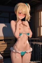 1girl adult_female ai_generated anime anime_style bare_arms bare_legs bare_shoulders bikini bikini_bottom bikini_lift blush breasts cleavage collarbone curvy cute embarrassed fairy_tail flat_belly frilled_bikini frills glossy_skin high_quality high_resolution highres indoors long_hair looking_at_viewer lucy_heartfilia maellepetite medium_breasts micro_bikini narrow_waist navel nipples nsfw nudity oiled oiled_body oiled_skin petite petite_body seductive shiny_body shiny_skin shy sideboob slim slim_waist small_breasts solo standing stomach thighs topless uncensored underboob wet_skin wide_hips