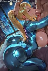 1boy 1boy1girl 1girl ai_generated big_ass big_breasts blonde_hair blowjob blue_eyes bodysuit curvaceous curvy deepthroat fellatio light-skinned_female mature_female milf mizzoai patreon pleasure_face samus_aran side_view straight thicc thick_ass throat_fuck wide_hips
